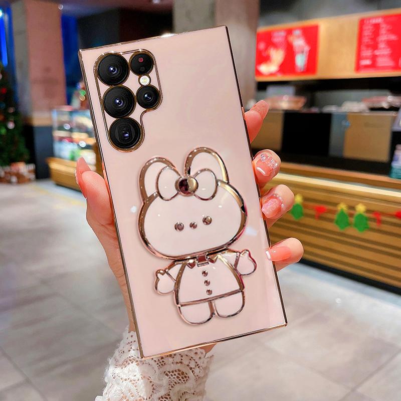 Cute Rabbit Mirror Stand Plating Phone Case for Samsung S25Ultra S25Plus S25 S24Ultra S24Plus S24 S24FE