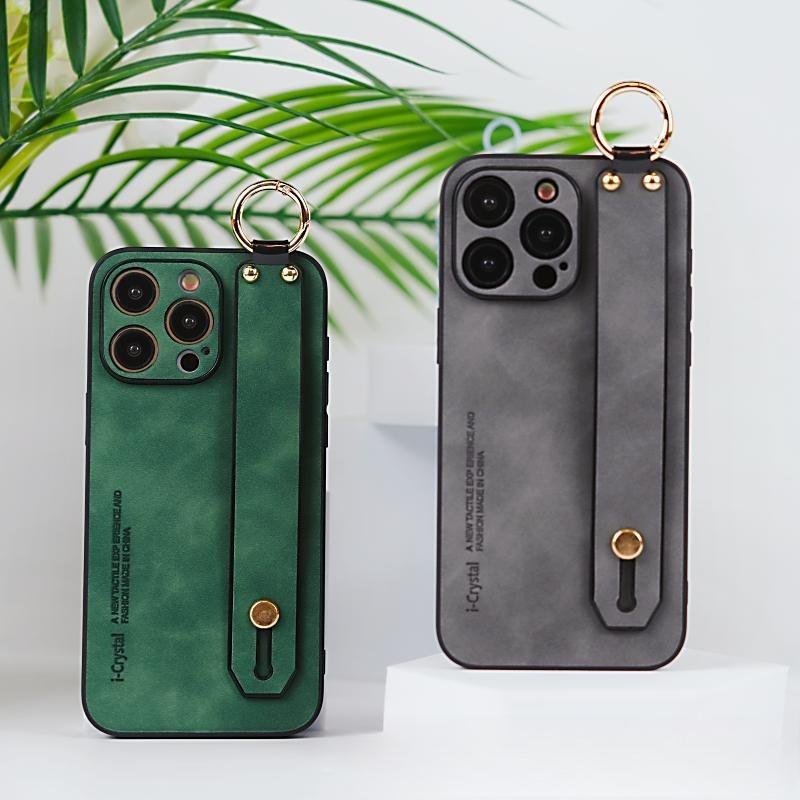 For iPhone 16ProMax 16 15 14 13 12 Case With Wristband, Matte Durable Faux Leather Kickstand Shockproof Phone Case