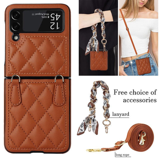 Luxury Silk Scarf Chian Leather Case For Samsung Galaxy Z Flip 6 Flip 5 Flip 4 Flip3 5G Luxury Crossbody Strap Smart Phone Cover