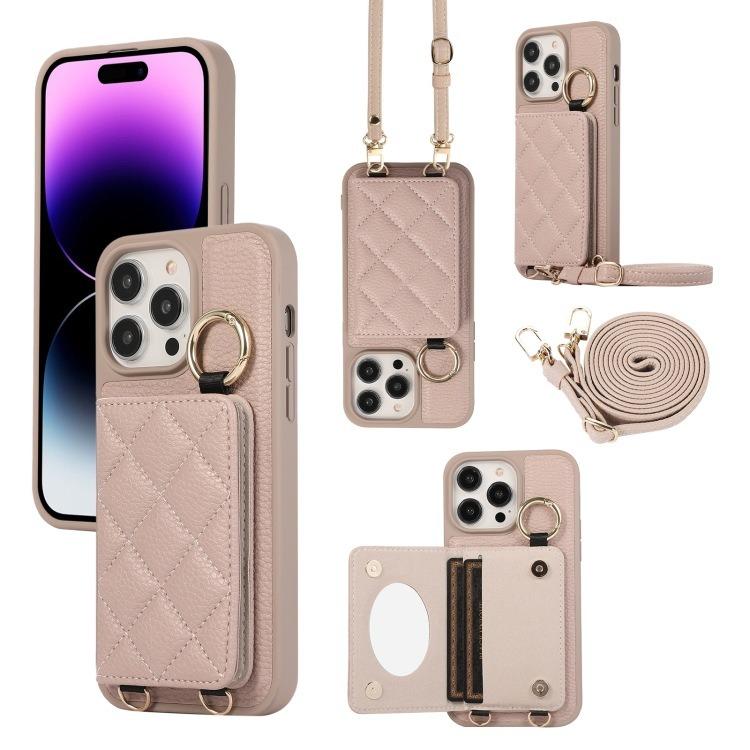 For iPhone 16ProMax 16 15 14 13 12 11 Leather Phone Case with Double Folding Wallet Lanyard, Anti-Fall Card Slot Mirror Ring Kickstand Shockproof Business Hard Full Cover