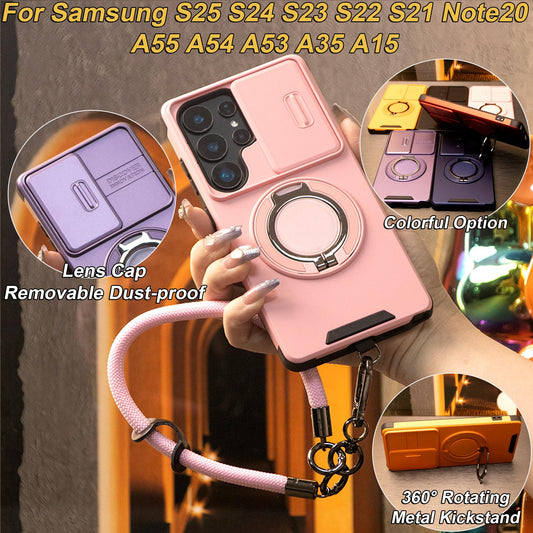 Removable Dust-proof Lens Cap Protection Phone Case 360 Rotating Metal Kickstand Wristband For Samsung S25Ultra S24 S23 S22 S21 Note20 A06 A15 A16 A25 A35 A36 A53 A54 A55 Shockproof Cover