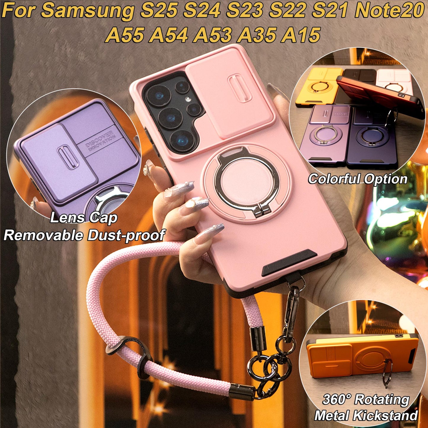 Removable Dust-proof Lens Cap Protection Phone Case 360 Rotating Metal Kickstand Wristband For Samsung S25Ultra S24 S23 S22 S21 Note20 A06 A15 A16 A25 A35 A36 A53 A54 A55 Shockproof Cover