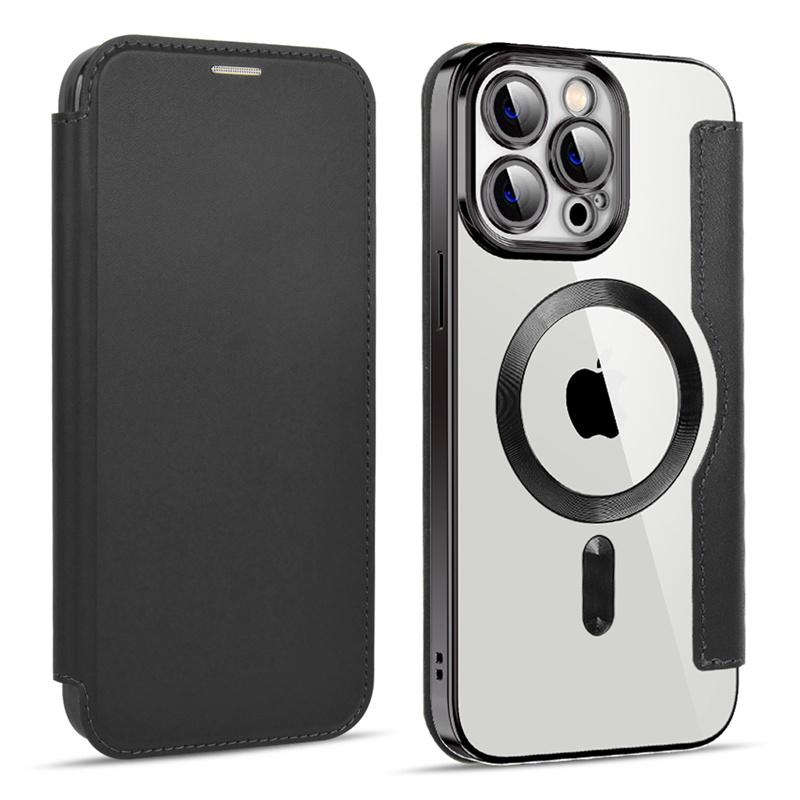 Wireless Charge Case for iPhone 16 15 14 13 Pro Max Magnetic Shockproof Flip Leather Shell Card Slot Hard PC Back Cover
