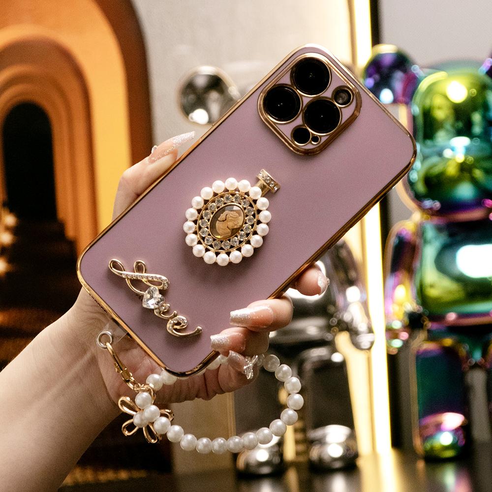 For iPhone 16 15 14 13 12 11 XR XSMax X/XS Phone Case, Pearl Perfume Bottle with Chain, Plating Electroplate Luxury Elegant Case Camera Protector Shockproof Soft Cover