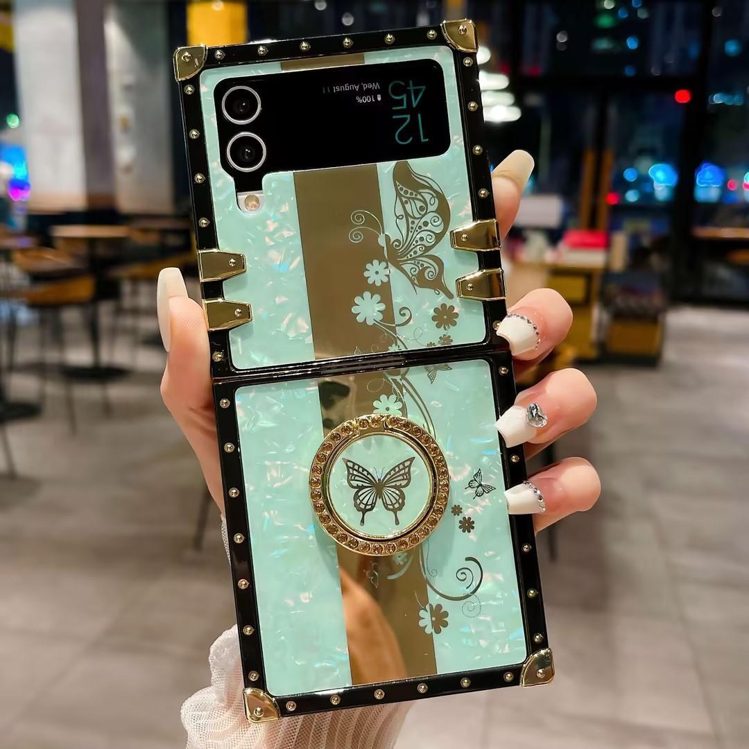 Luxury Glitter Mirror Butterfly Cover For Samsung Galaxy Z Flip 5 Fashion bracket Square Case For Samsung Galaxy Z Flip 4 Z Flip 3