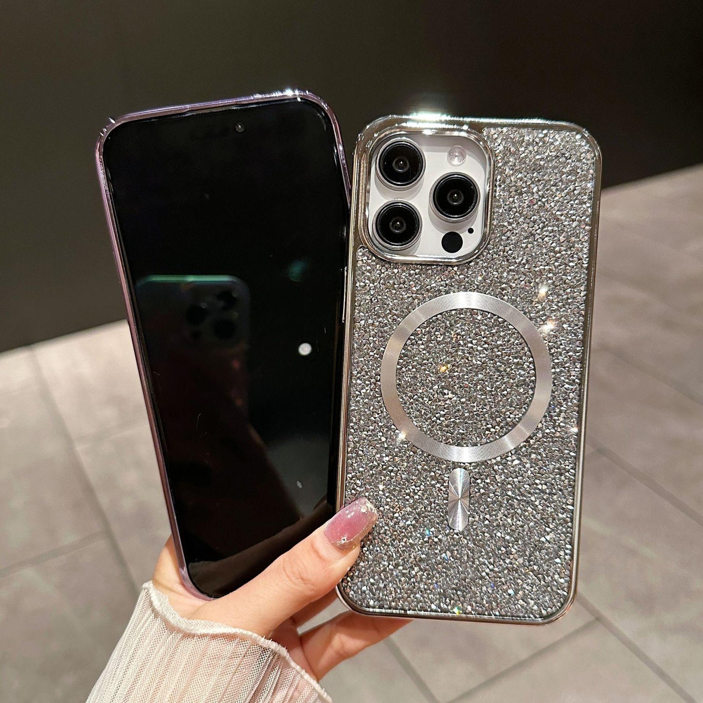Luxury Rhinestone Glitter Plating Slim PC Strong Magnetic Phone Case For iPhone 16ProMax 15 14 13 Hard Support Wireless Charging Full Cover