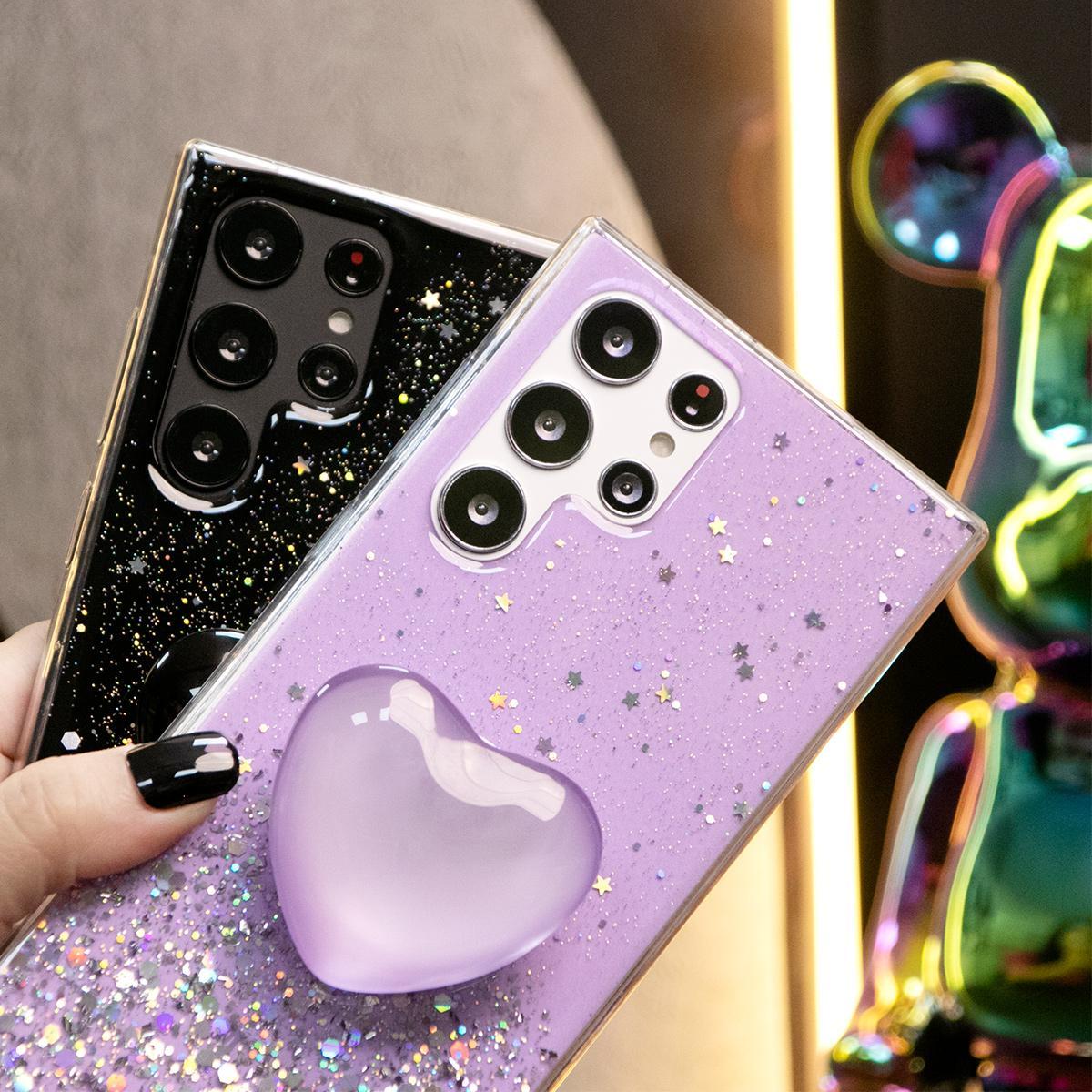 Glitter Star Sequin Crystal Love Heart Stand Phone Case For Samsung S25 S24 S23 S22 S21 Note20 A15 A25 A35 A55 Clear Soft TPU Back Cover