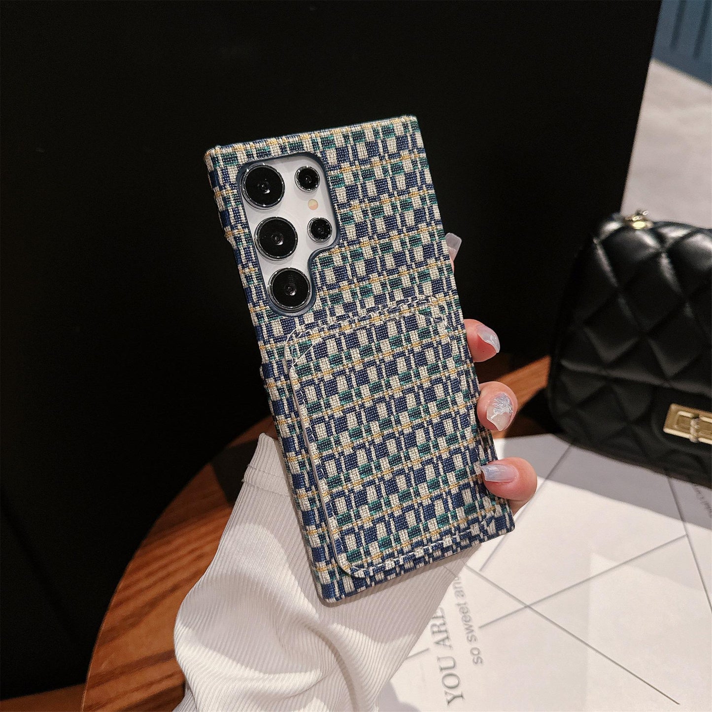 For Samsung S25Ultra S24 S23 S22 Phone Case, Gradient Grid Mosaic Wallet Woven Pattern Fabrics Card Slot Shockproof Hard Full Cover