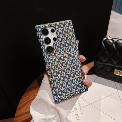 For Samsung S25Ultra S24 S23 S22 Phone Case, Gradient Grid Mosaic Wallet Woven Pattern Fabrics Card Slot Shockproof Hard Full Cover