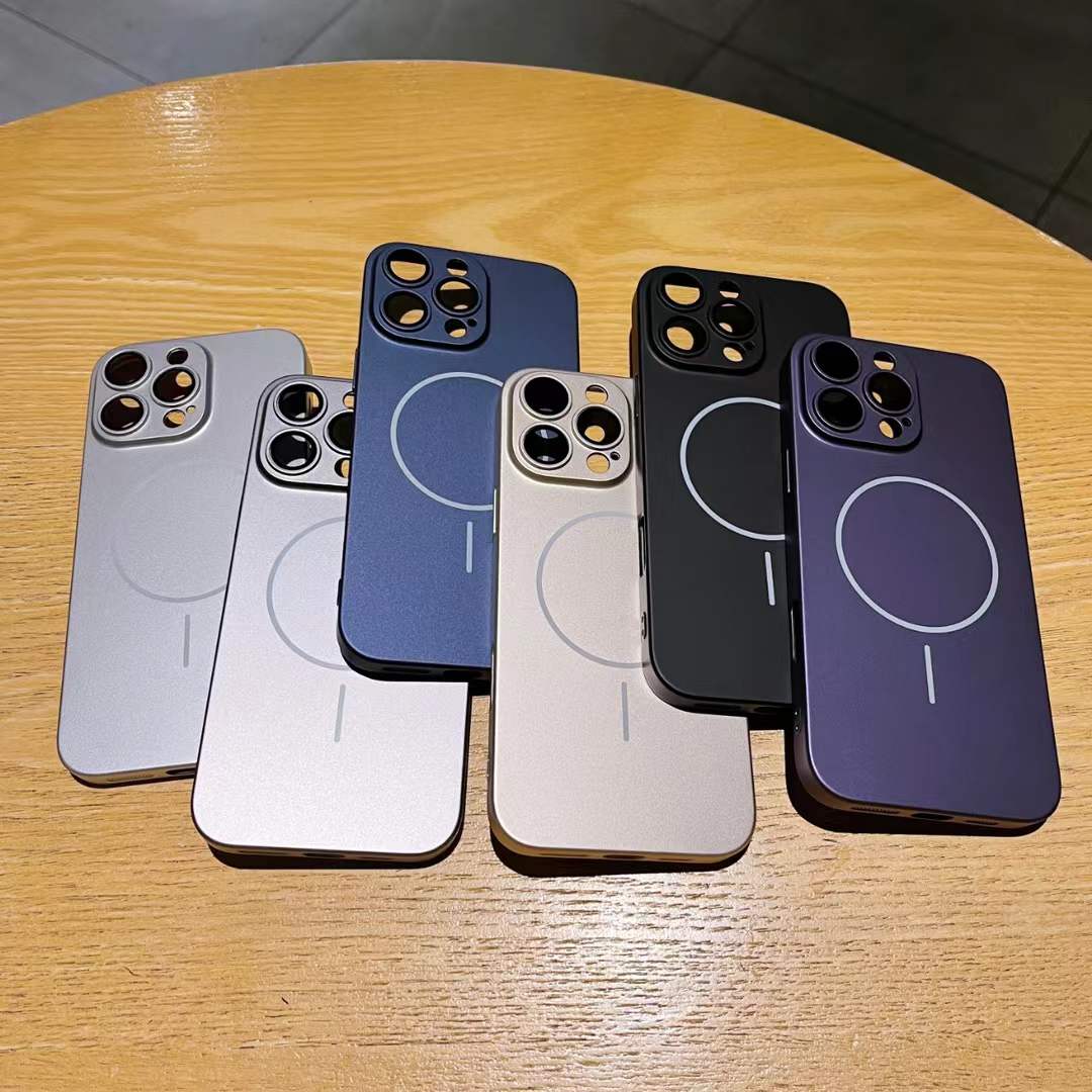 Slim Matte Fine Ring Metallic Glossy Strong Magnetic PC Phone Case For iPhone 16ProMax 16 15 14 13 12 11 Hand Feel Hard Full Cover
