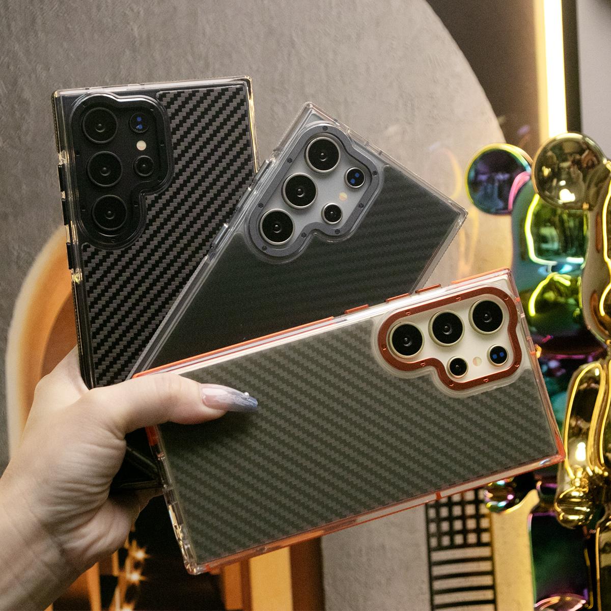 Carbon Fiber Pattern Phone Case, Metal Hardware Camera Protective Acrylic Cover, Clear No Yellow, With Shockproof  Anti-Fall Bumper For Samsung S25Ultra S24 S23 S21FE A14 A15 A24 A25 A35 A54 A55 A05