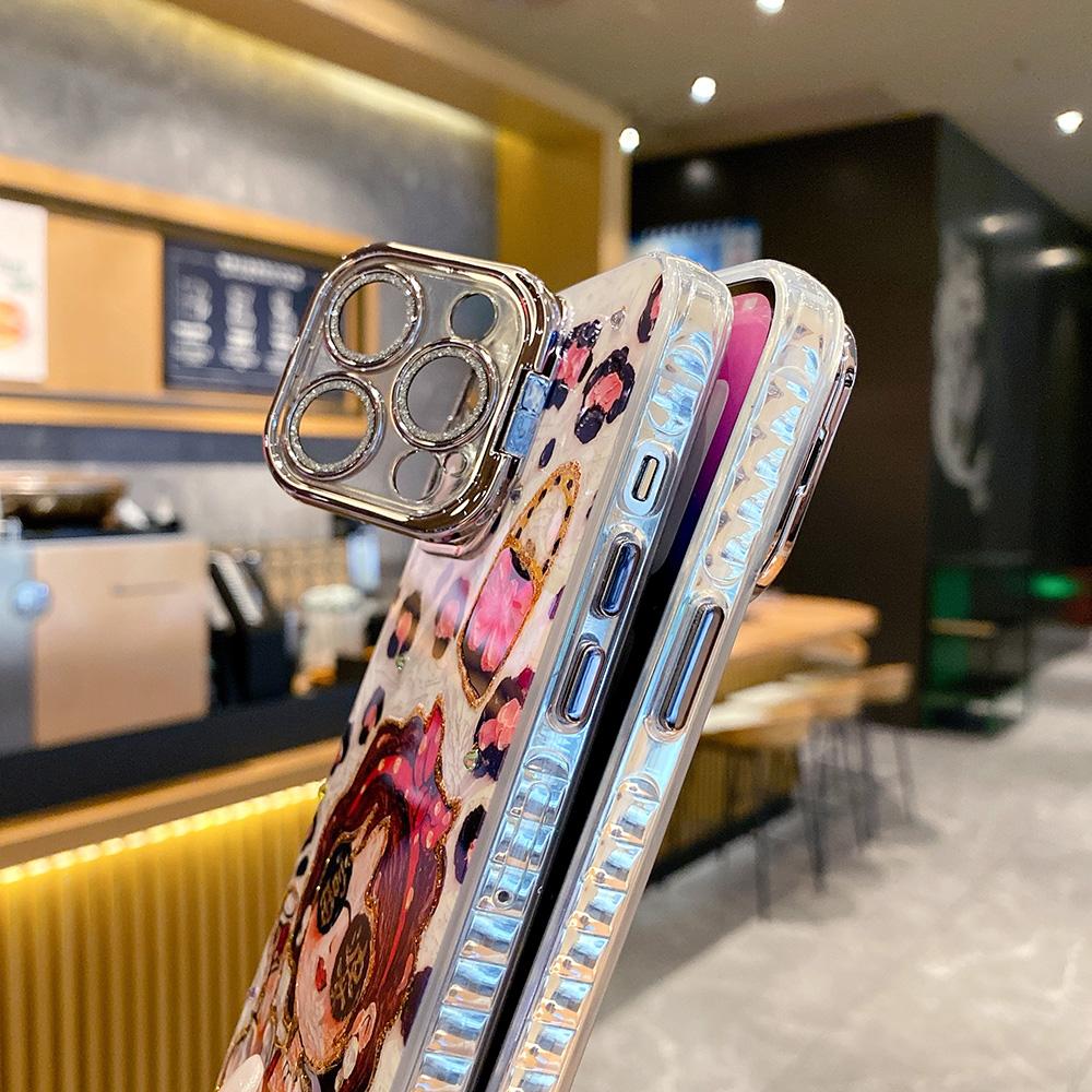 For iPhone 16ProMax 16 15 14 13 12 11 Phone Case with Diamond Camera Kickstand, Rich Girl Women Leopard Print Rainbow Castle, Oil Painting Camera Frame Anti-drop Hard Shockproof Full Cover
