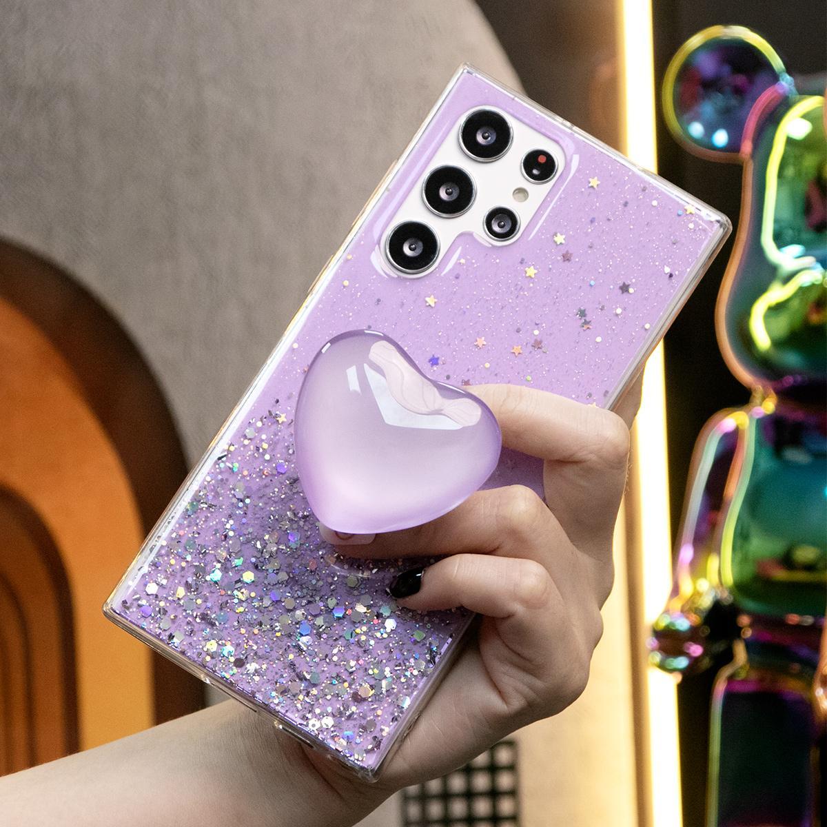 Glitter Star Sequin Crystal Love Heart Stand Phone Case For Samsung S25 S24 S23 S22 S21 Note20 A15 A25 A35 A55 Clear Soft TPU Back Cover
