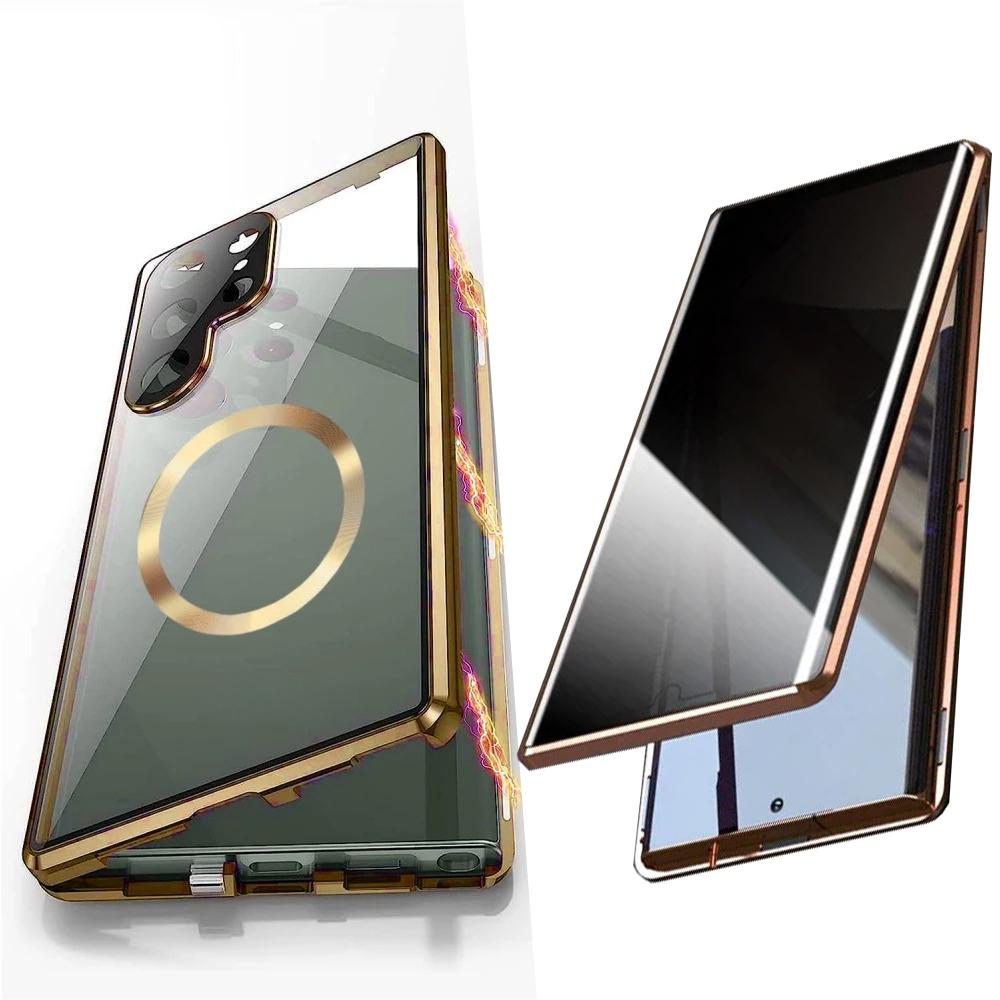 Privacy Tempered Glass Front Acrylic Magnetic Ring Black Cover Double Sided Magnetic Phone Case for Samsung S25Ultra S25 S24 S23 S22 S21 Metal Frame Anti-peep Full Case with Len Protection