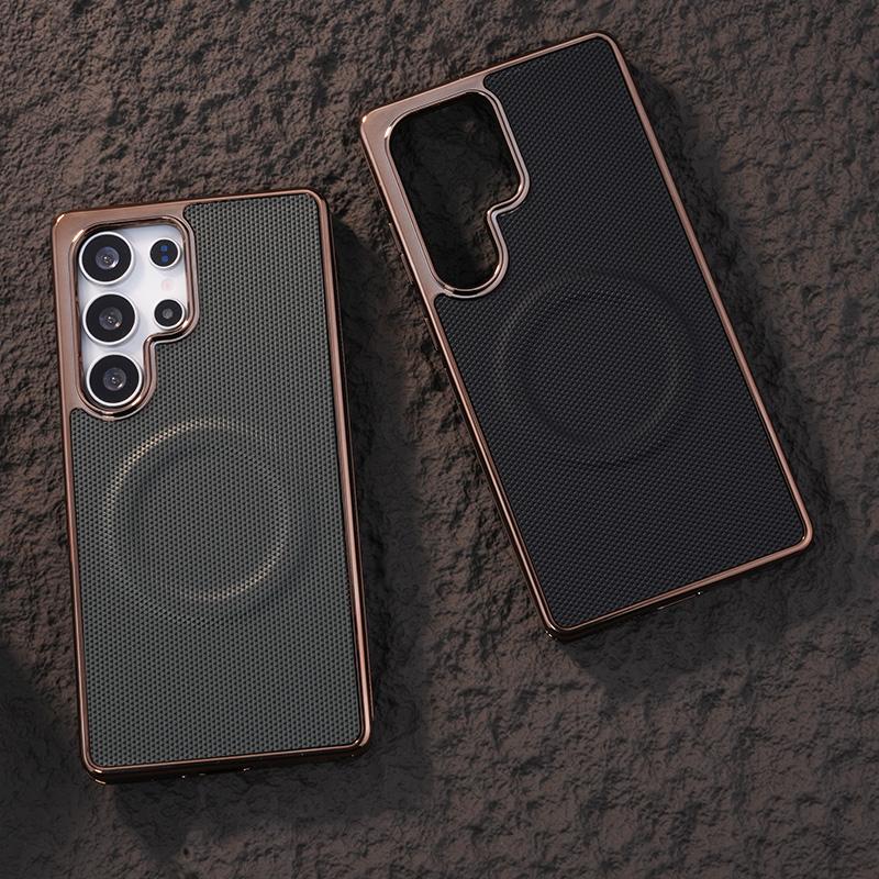 For Samsung S25Ultra S24 S23 S22 Plus FE Phone Case, Plating Antislip Matte Luxury Leather Emboss Strong Magnetic Slim Protection Shockproof Hard Full Cover