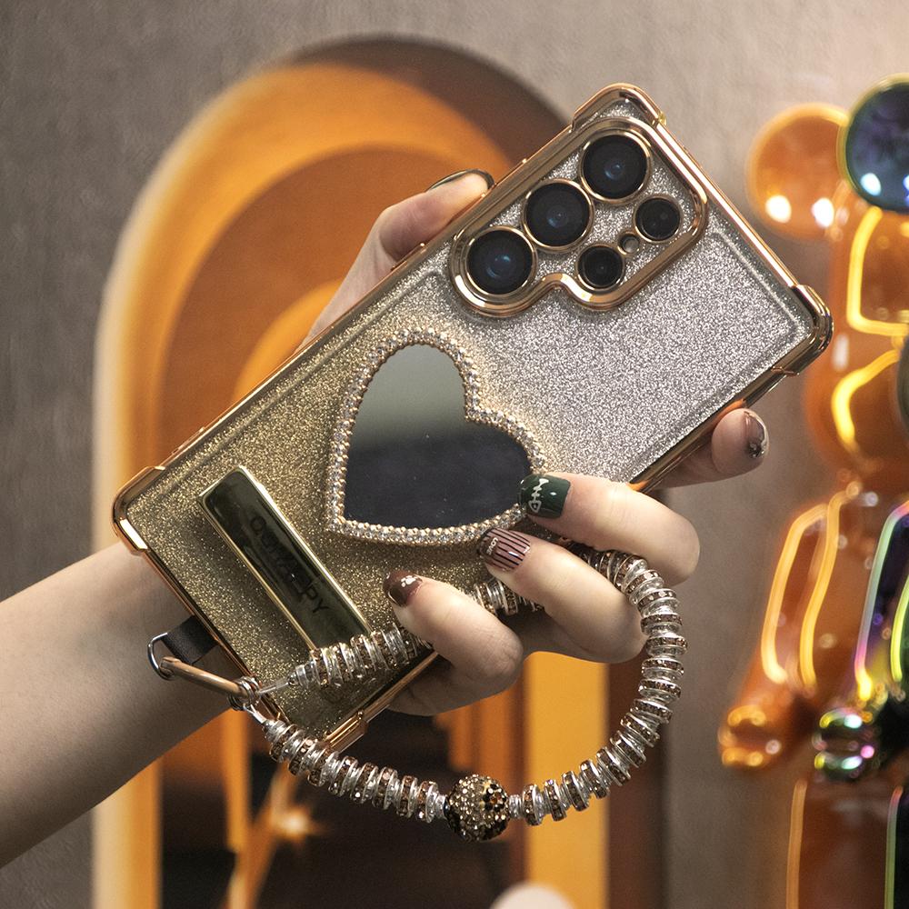 Gradient Plating Four Corners Love Heart Mirror Thin Kickstand Case with Pearl Diamond Wristband for Samsung S25Ultra S25 S24 S23 S22 S21 Note20 A53 A54 A55 Hard Acrylic Bumper Full Cover