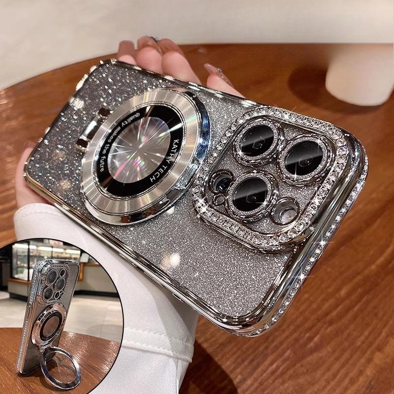 Glitter Gradient Plating Rhinestone TPU Phone Case with Kickstand For iPhone 16ProMax 15 14 13 12 11 Shockproof Soft Full Cover
