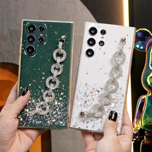 Glitter Star Sequin With Diamond Chain Phone Case For Samsung Galaxy S25 S25Plus S25Ultra S24 S24FE S24Plus S24Ultra Clear Soft TPU Back Cover