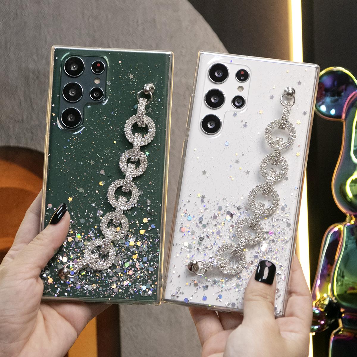 Glitter Star Sequin With Diamond Rhinestone Chain Phone Case For iPhone 16 15 14 13 12 11 XR XSMax X/XS Clear Soft TPU Back Cover