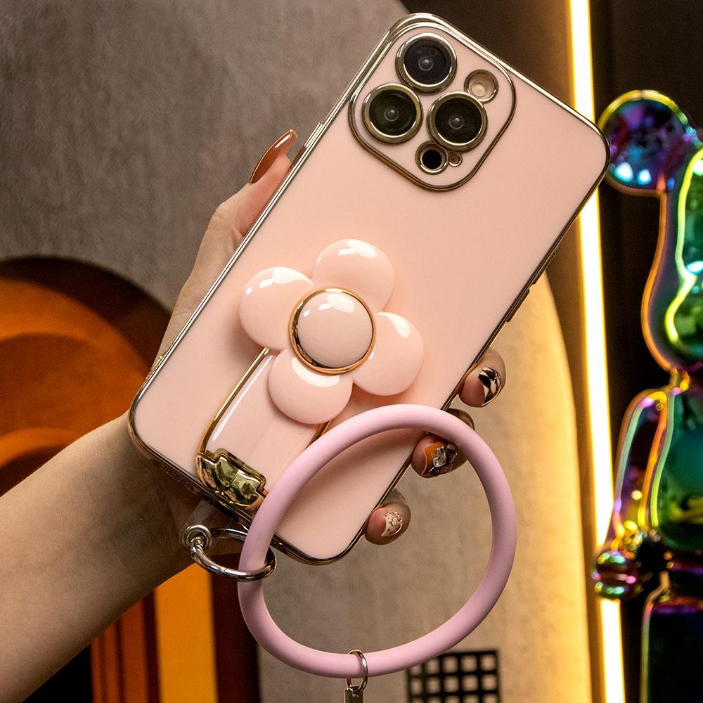 For iPhone 16 15 14 13 12 Pro Max Phone Case, Windmill Kickstand with Bracelet, Plating Electroplate Luxury Elegant Case Camera Protector Pop Stand Shockproof Soft Cover