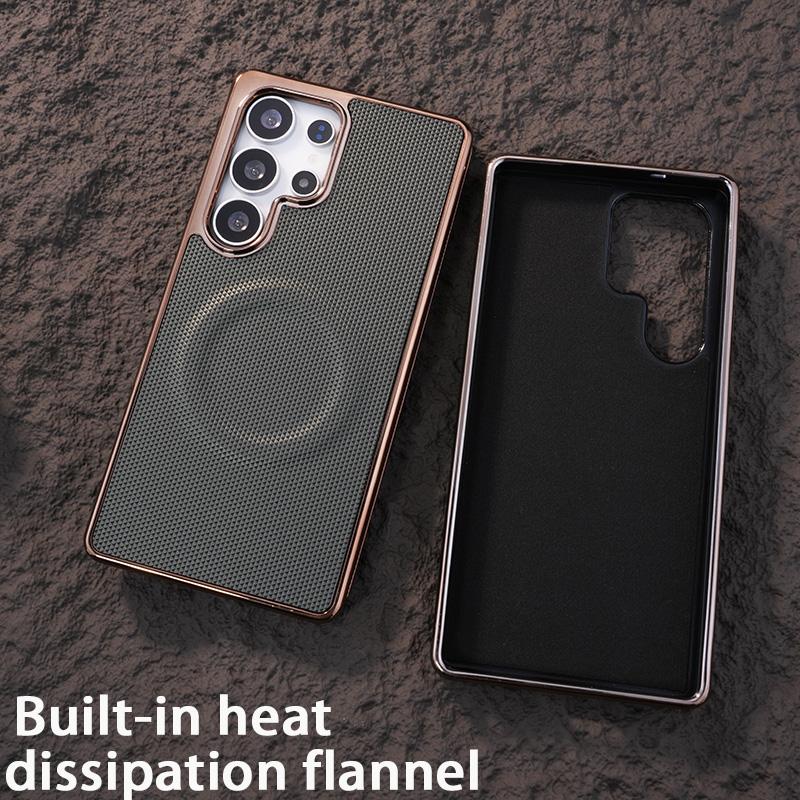 For Samsung S25Ultra S24 S23 S22 Plus FE Phone Case, Plating Antislip Matte Luxury Leather Emboss Strong Magnetic Slim Protection Shockproof Hard Full Cover
