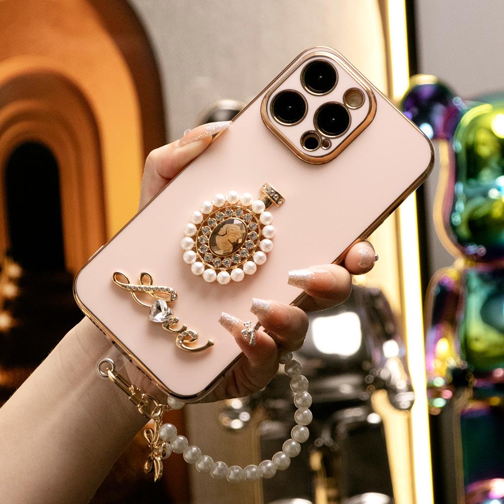 For iPhone 16 15 14 13 12 11 XR XSMax X/XS Phone Case, Pearl Perfume Bottle with Chain, Plating Electroplate Luxury Elegant Case Camera Protector Shockproof Soft Cover