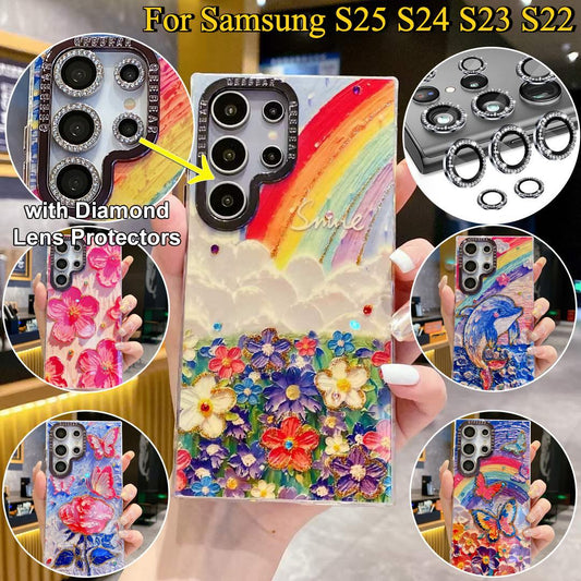 For Samsung S25 S24 S23 S22 Phone Case with Diamond Lens Protectors, Luxury Panda Leopard Rainbow Butterfly Elephant Oil Painting Metal Camera Frame Anti-drop Hard Shockproof Full Cover