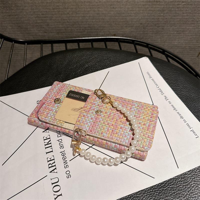For Samsung S25Ultra S24 S23 S22 Case With Pearl Wristband, Gradient Woven Pattern Fabrics Wallet Shockproof Card Slot Hard Full Cover