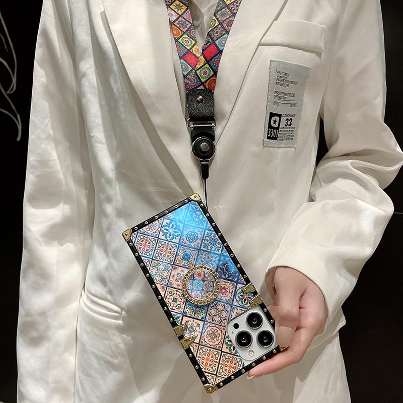 Luxury Glitter Vintage Flower Case for iPhone 16ProMax 16 15 14 13 12 11 Plus Pro Max Fashion Geometric Square Case Back Cover
