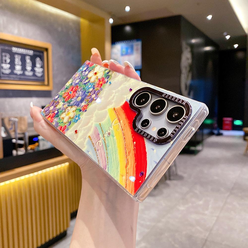 For Samsung S25 S24 S23 S22 A35 A36 A26 A54 A55 A56 Phone Case, Flower Rainbow Butterfly Rose, Oil Painting Camera Frame Anti-drop Hard Shockproof Full Cover