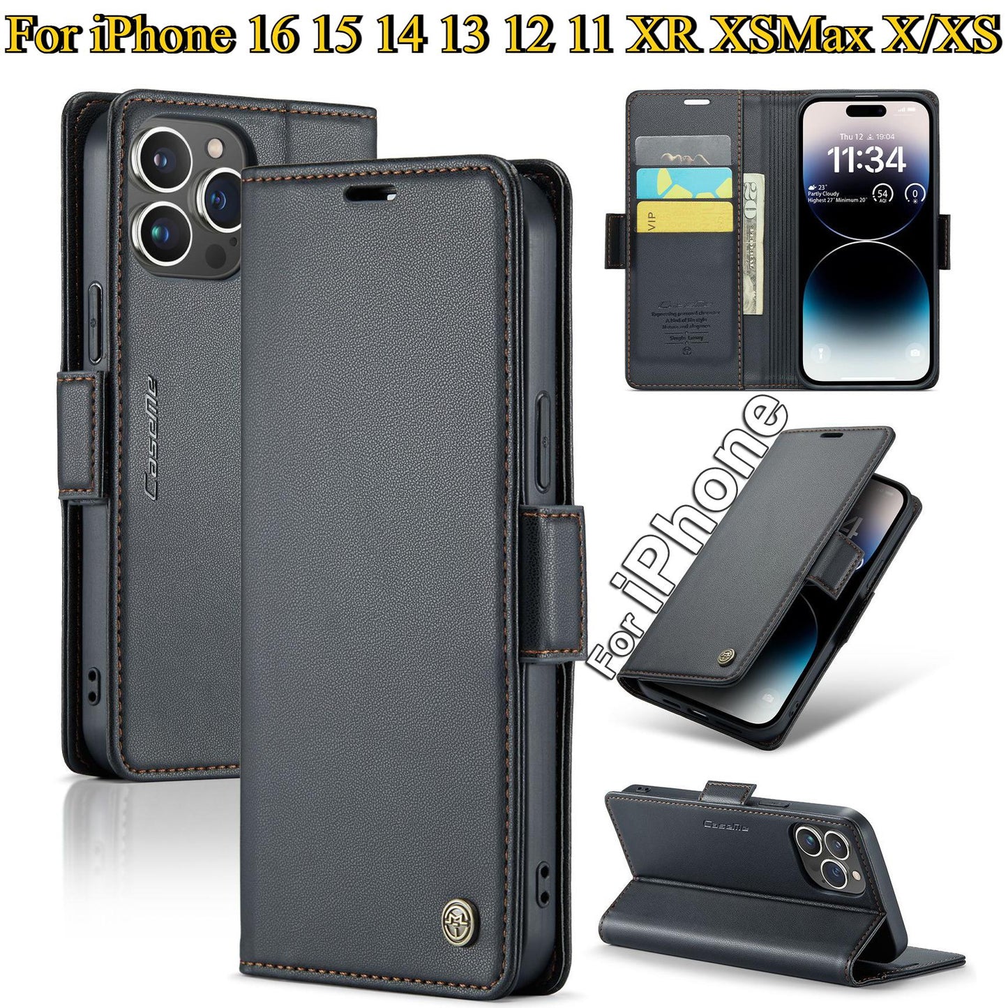 For iPhone 16 15 14 13 12 11 XR XSMax X/XS Phone Case With Card Bag, Wallet Case For Women Men With RFID Blocking, Durable Faux Leather Kickstand Magnetic Clasp Shockproof Phone Case