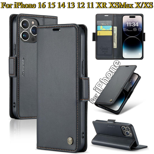For iPhone 16 15 14 13 12 11 XR XSMax X/XS Phone Case With Card Bag, Wallet Case For Women Men With RFID Blocking, Durable Faux Leather Kickstand Magnetic Clasp Shockproof Phone Case
