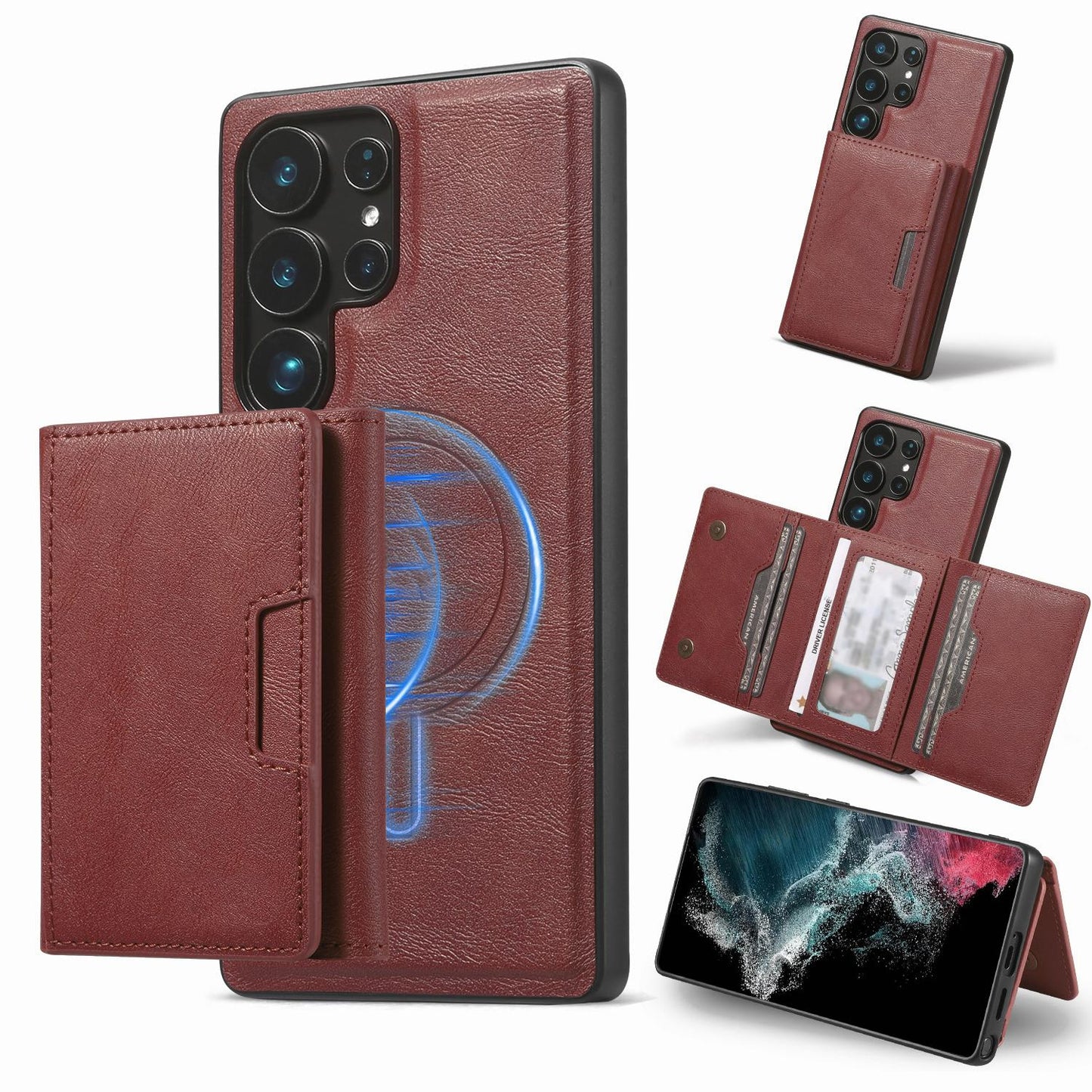 For Samsung S25 S24 S23 A16 A15 A36 A35 A56 A55 A53 Leather Phone Case with Strong Magnetic Triple Fold Wallet, Anti-Fall Card Bag Kickstand for Magsafe Shockproof Business Hard Full Cover