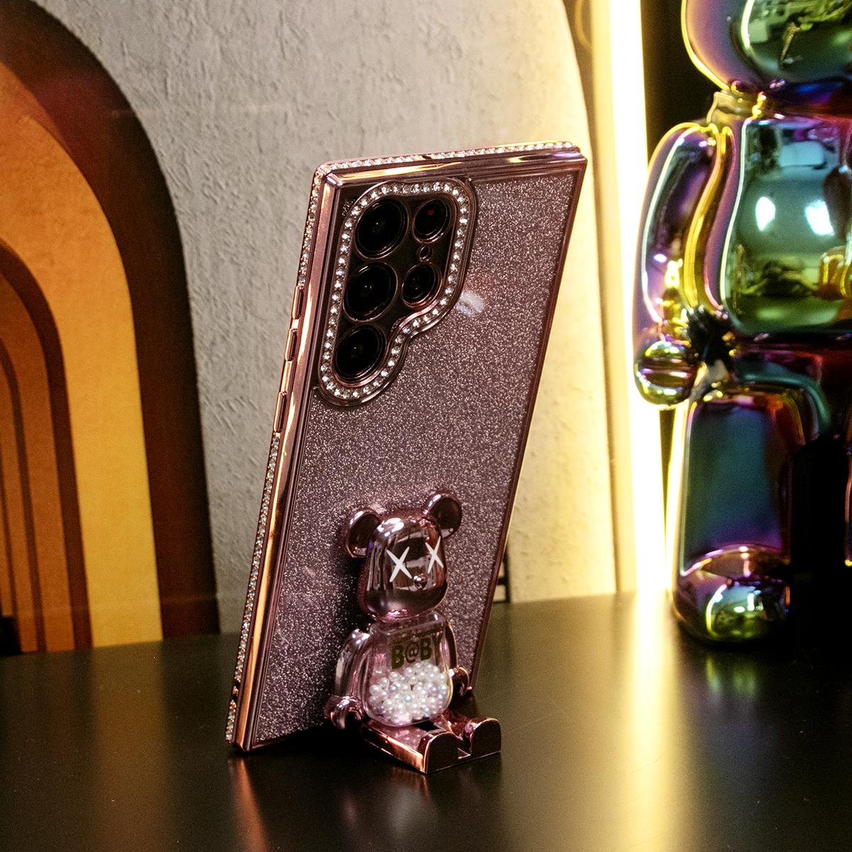 For Samsung S25Ultra S25 S24 S23 S22 Plus Ultra Case, Clear Rhinestone Candy Bear Kickstand, Glitter Luxury Elegant Plating Case Camera Protection Shockproof Soft Cover