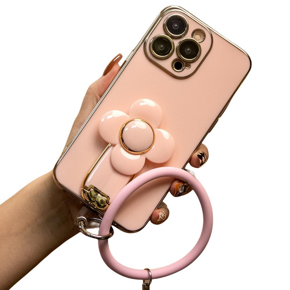 For iPhone 16 15 14 13 12 Pro Max Phone Case, Windmill Kickstand with Bracelet, Plating Electroplate Luxury Elegant Case Camera Protector Pop Stand Shockproof Soft Cover