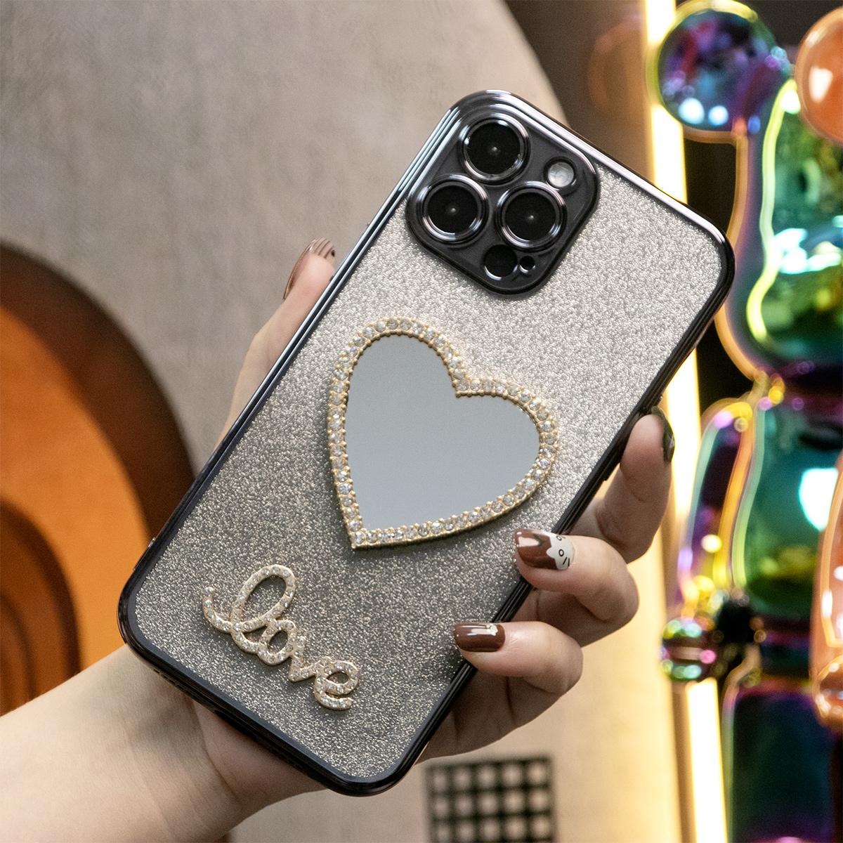 Glitter Transparent Gradient Love Heart Mirror Phone Case For iPhone 16 15 14 13 12 11 XR XSMax X/XS Clear Soft TPU Back Cover