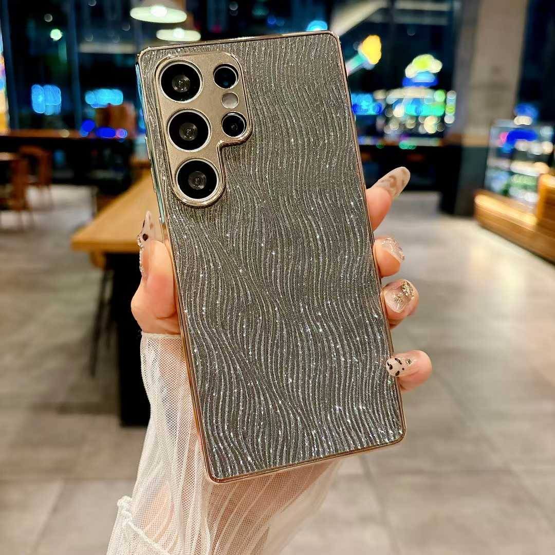 For Samsung S25Ultra S25Edge S25 S24 S23 Phone Case, Luxury Glitter Slim Water Ripple Pattern Plating Matte Leather Len Protection Shockproof Hard Full Cover