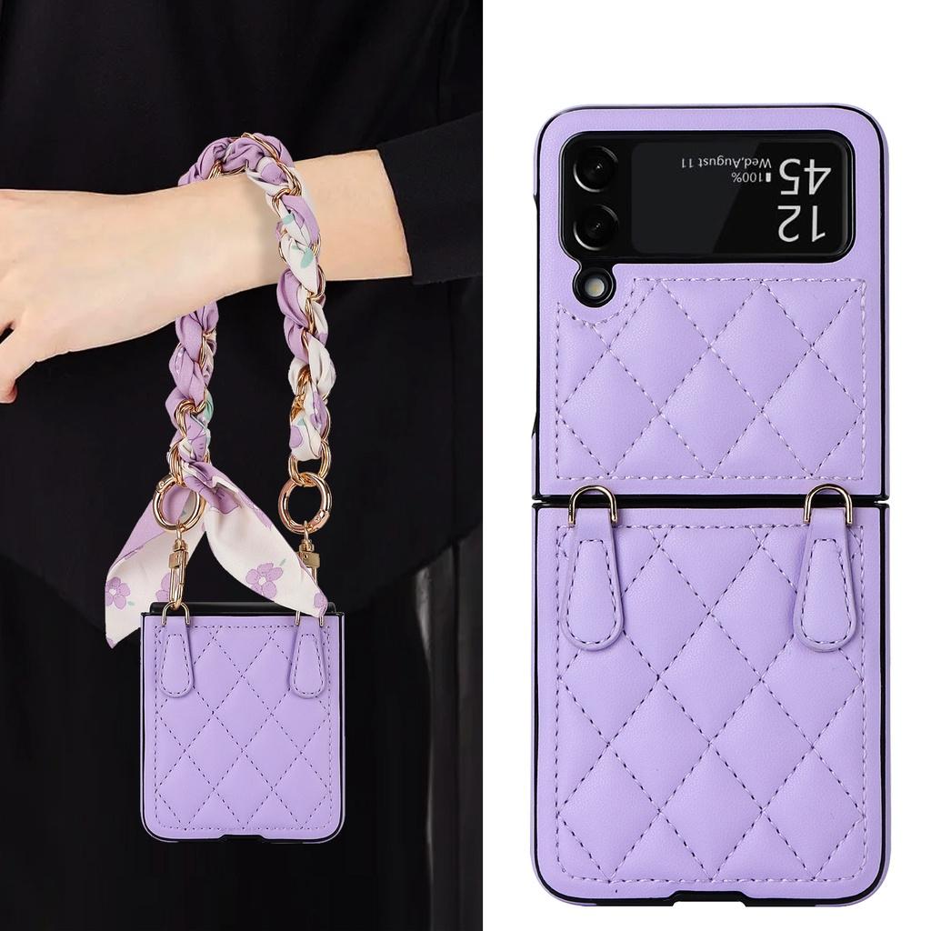 Luxury Silk Scarf Chian Leather Case For Samsung Galaxy Z Flip 6 Flip 5 Flip 4 Flip3 5G Luxury Crossbody Strap Smart Phone Cover