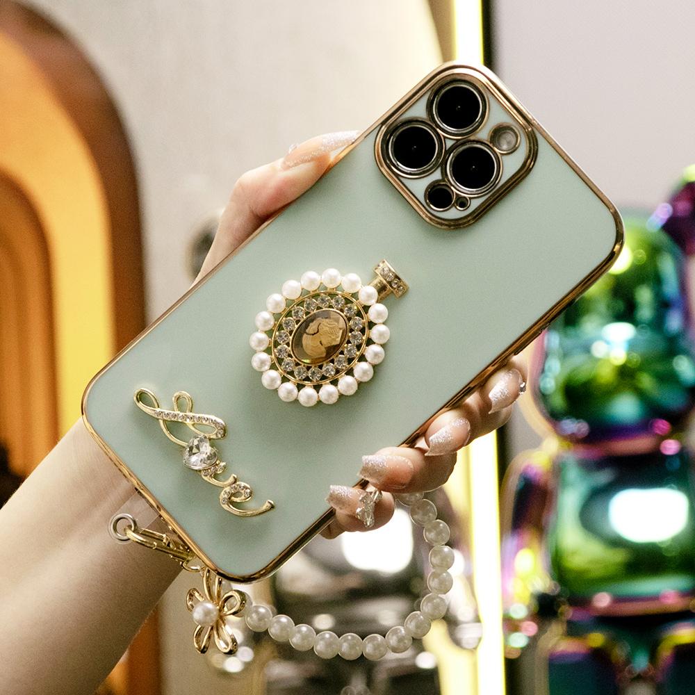 For iPhone 16 15 14 13 12 11 XR XSMax X/XS Phone Case, Pearl Perfume Bottle with Chain, Plating Electroplate Luxury Elegant Case Camera Protector Shockproof Soft Cover