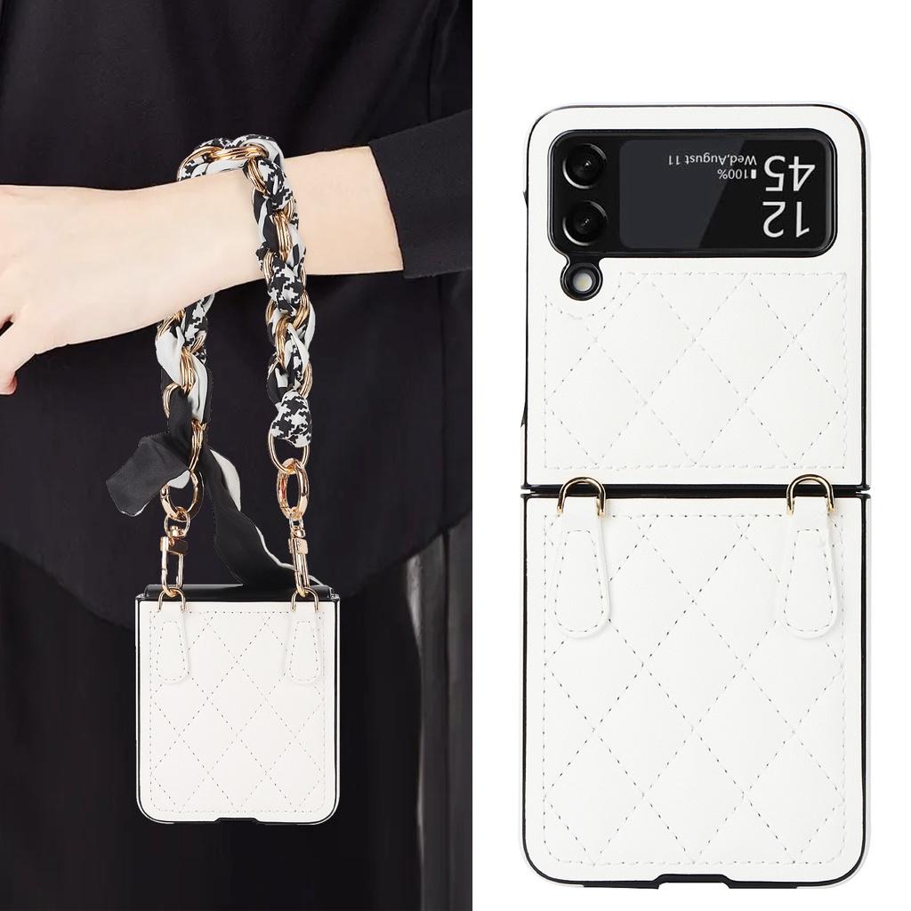 Luxury Silk Scarf Chian Leather Case For Samsung Galaxy Z Flip 6 Flip 5 Flip 4 Flip3 5G Luxury Crossbody Strap Smart Phone Cover
