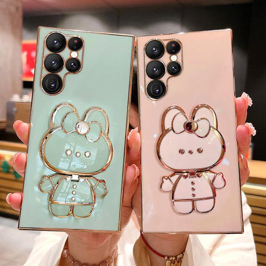 Cute Rabbit Mirror Stand Plating Phone Case for Samsung S25Ultra S25Plus S25 S24Ultra S24Plus S24 S24FE