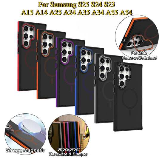 For Samsung S25Ultra S25 S24 S23FE A15 A14 A25 A24 A34 A35 A54 A55 Strong Magnetic Phone Case, Metal Camera Kickstand Protection, Elegant Matte Case Shockproof Bumper Hard Full Cover