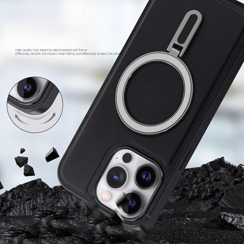 Luxury Full Leather Glossy Kickstand Phone Case For Magsafe For iPhone 16ProMax 16 15 14 13 12 11 Metal Ring Magnetic Metal Holder Shockproof Stand Back Cover