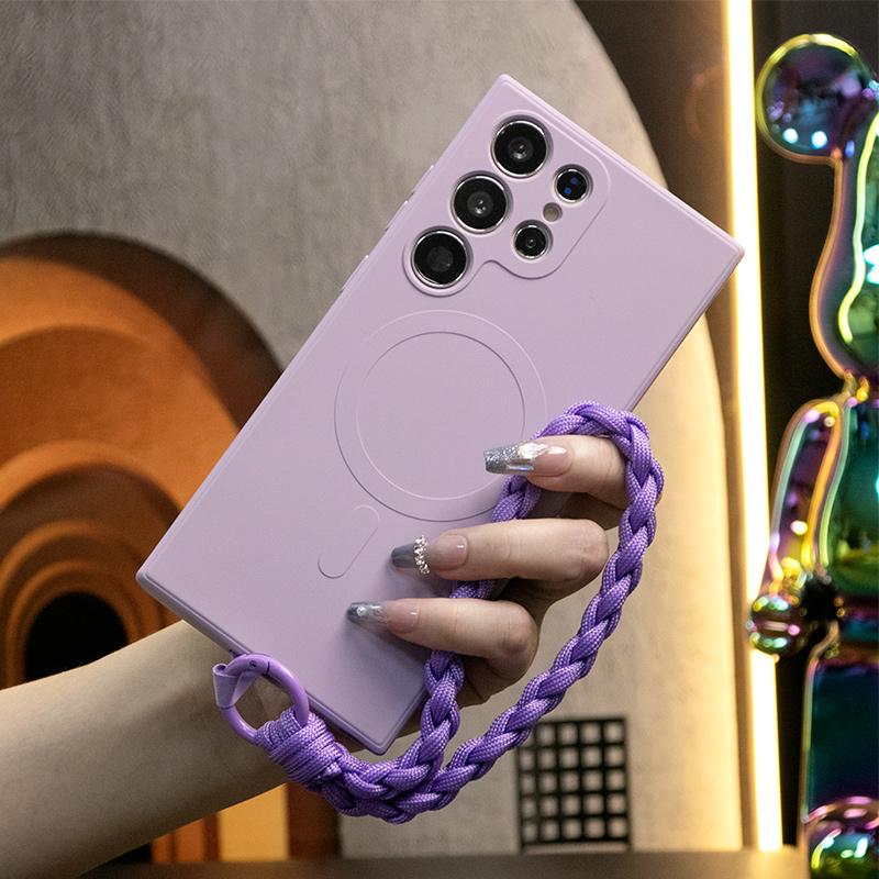 Strong Magnetic Phone Case With Woven Wristband For Samsung S25Ultra S25 S24 S22 S23 S24FE A15 A35 A55, Soft Liquid Silicone Shockproof Phone Case With Microfiber Lining