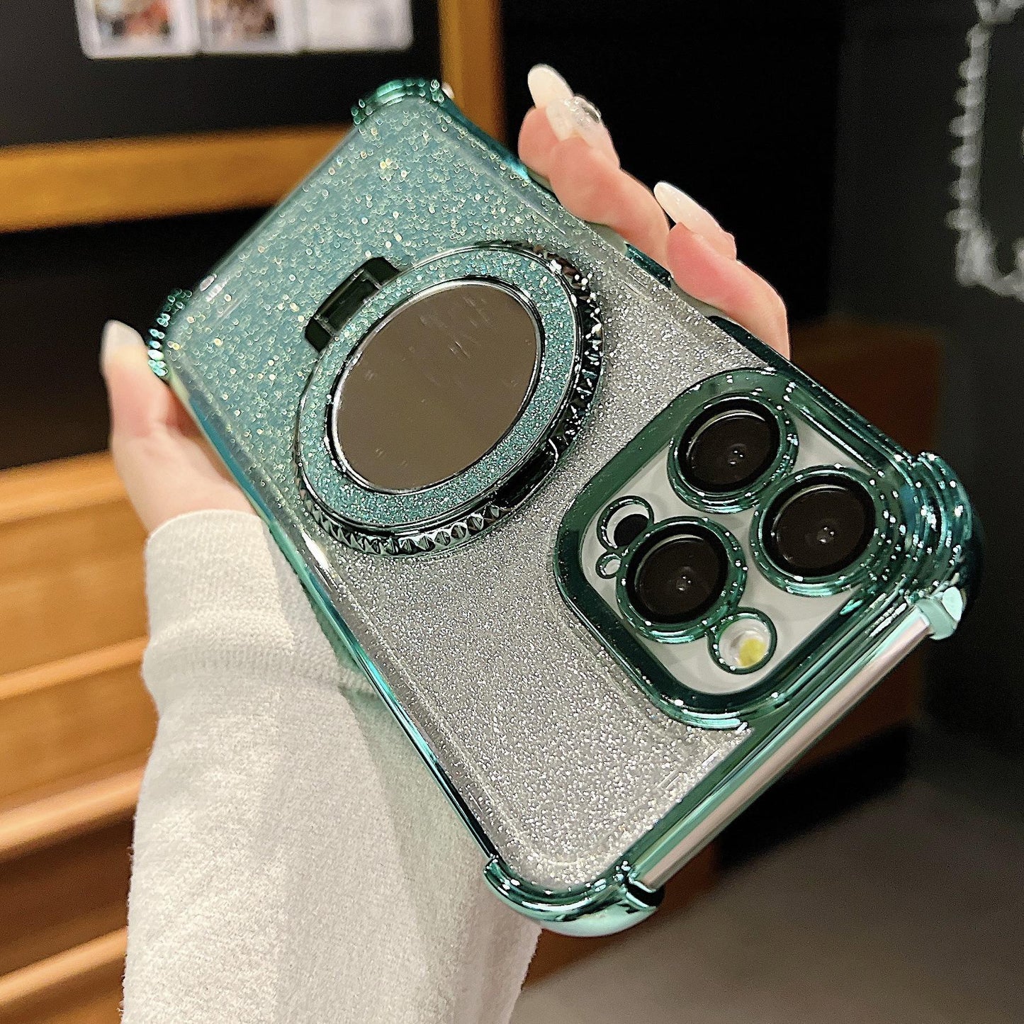 Glitter Gradient Plating Acrylic with Len Protector Phone Case with Mirror Kickstand For iPhone 16ProMax 15 14 13 12 Four Corner Shockproof Hard Full Cover