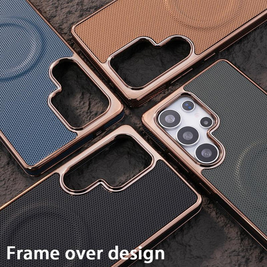 For Samsung S25Ultra S24 S23 S22 Plus FE Phone Case, Plating Antislip Matte Luxury Leather Emboss Strong Magnetic Slim Protection Shockproof Hard Full Cover