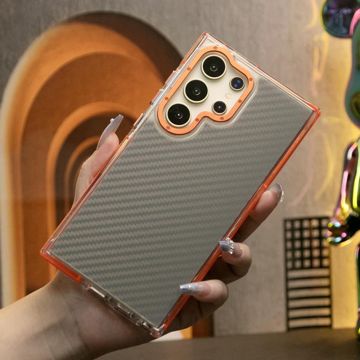 Carbon Fiber Pattern Phone Case, Metal Hardware Camera Protective Acrylic Cover, Clear No Yellow, With Shockproof  Anti-Fall Bumper For Samsung S25Ultra S24 S23 S21FE A14 A15 A24 A25 A35 A54 A55 A05