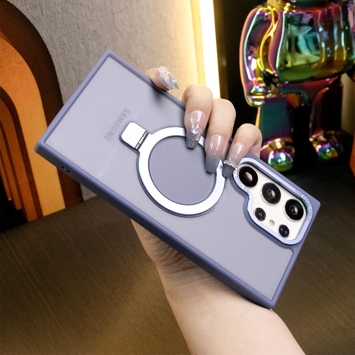 For Samsung S25Ultra S25 S24Ultra S24 S23Ultra S23 Plus Phone Case, Clear Matte Acrylic Strong Magnetic Metal Frame Kickstand [Not Yellowing] Shockproof Hard Full Cover