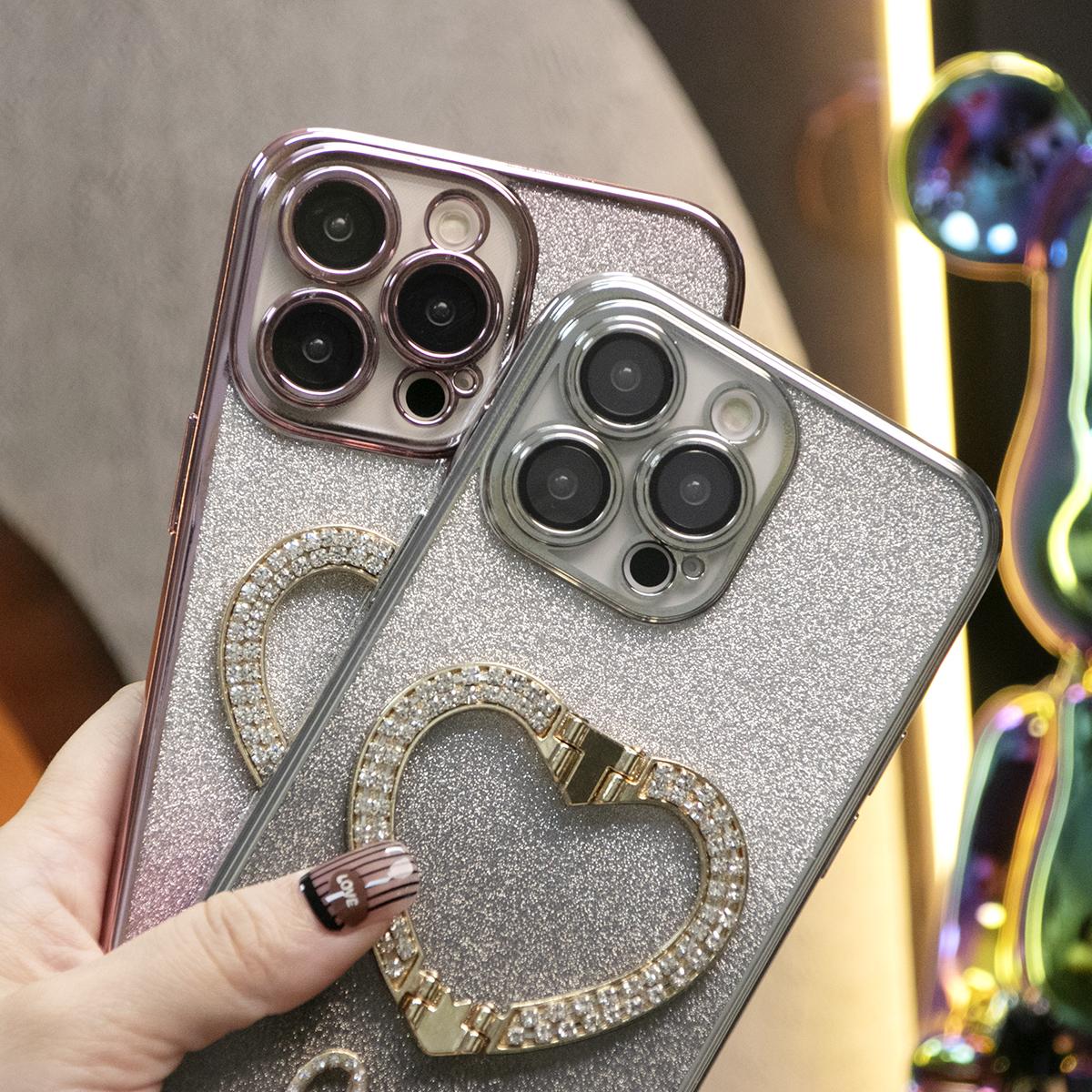 Glitter Transparent Gradient Diamond Love Heart Holder Plating Phone Case For iPhone 16 15 14 13 12 Pro Max Clear Soft TPU Back Cover