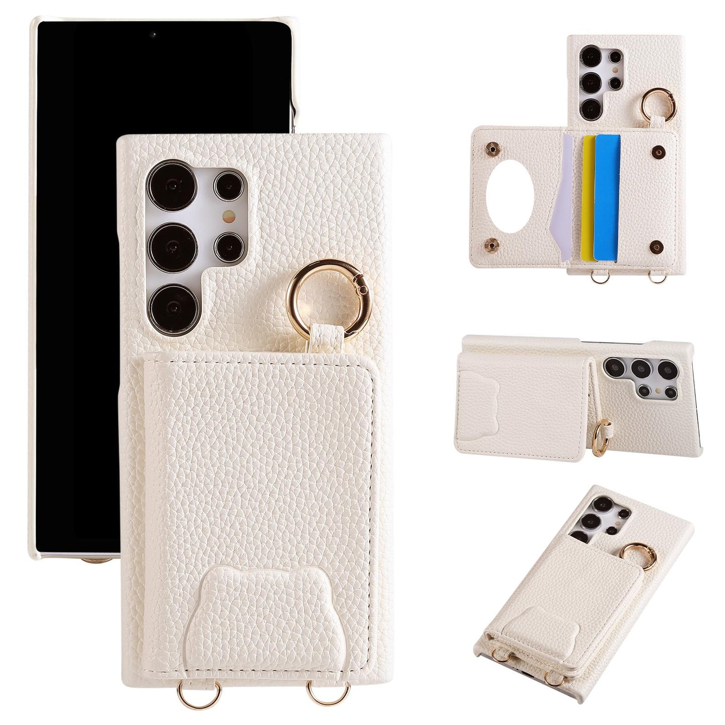 Bear Crossbody Mirror Wallet with Card Holder Phone Case for Samsung Galaxy S25 S24 S23 S22 Ultra Plus S24 FE Back Cover